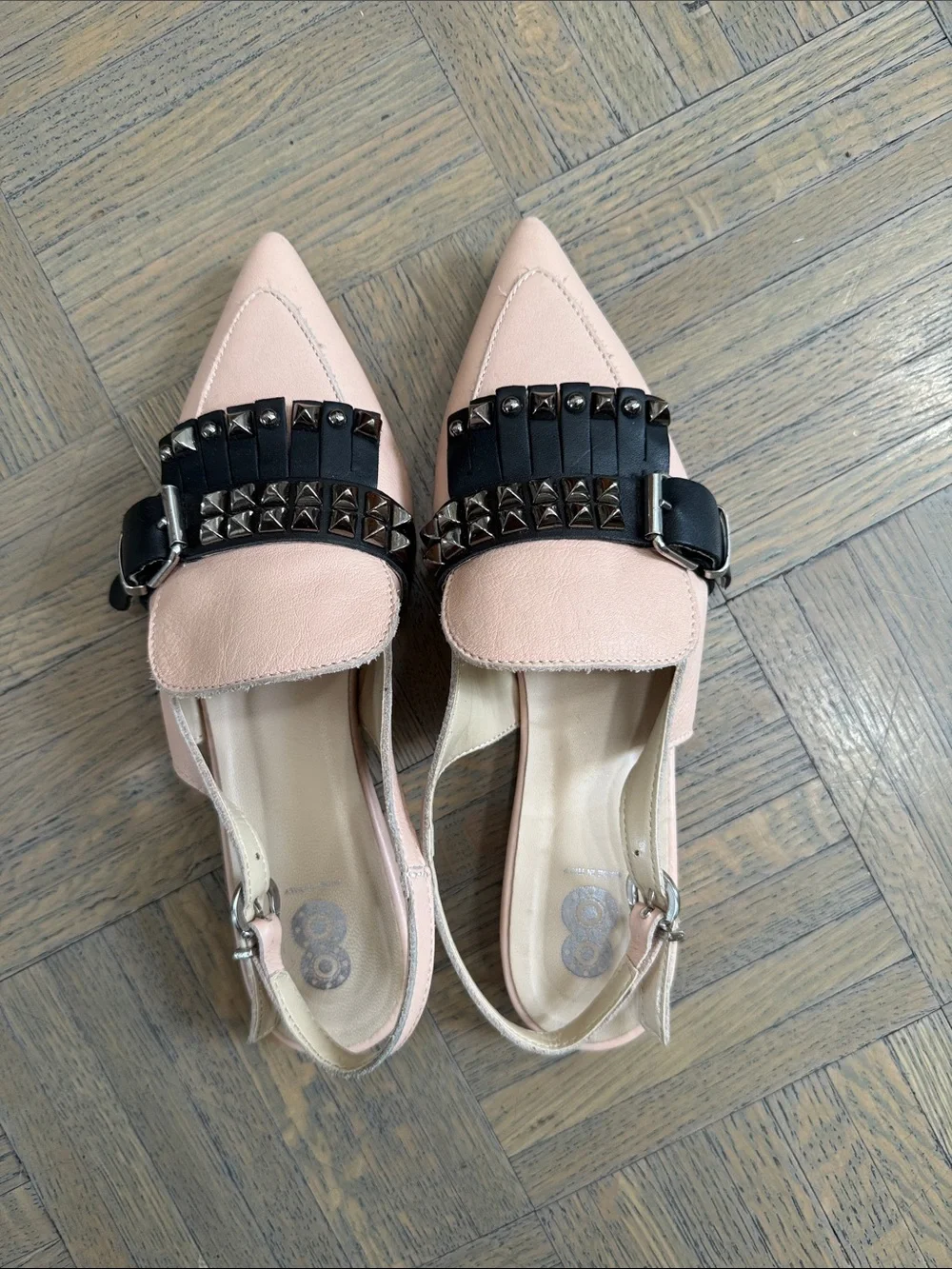 Pointed Slingback Flats in Blush with Black Fringe and Studs
